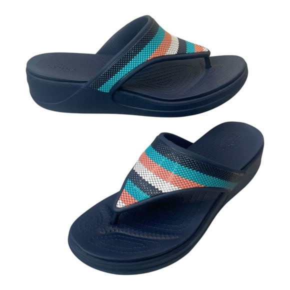 CROCS Monterey Beaded Strap Wedge Slip On Comfort Sandals Blue Women’s size 9 - Picture 1 of 10